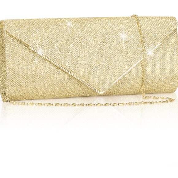 Women's Gold  Clutch Purses Sparkling Envelope Evening Bag Detachable Chain - Picture 1 of 9